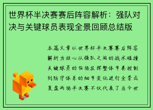 世界杯半决赛赛后阵容解析：强队对决与关键球员表现全景回顾总结版