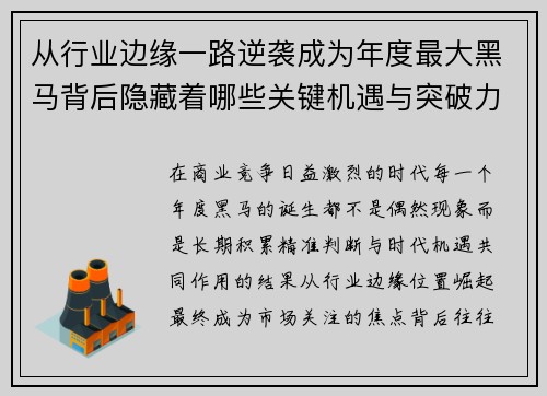 从行业边缘一路逆袭成为年度最大黑马背后隐藏着哪些关键机遇与突破力量